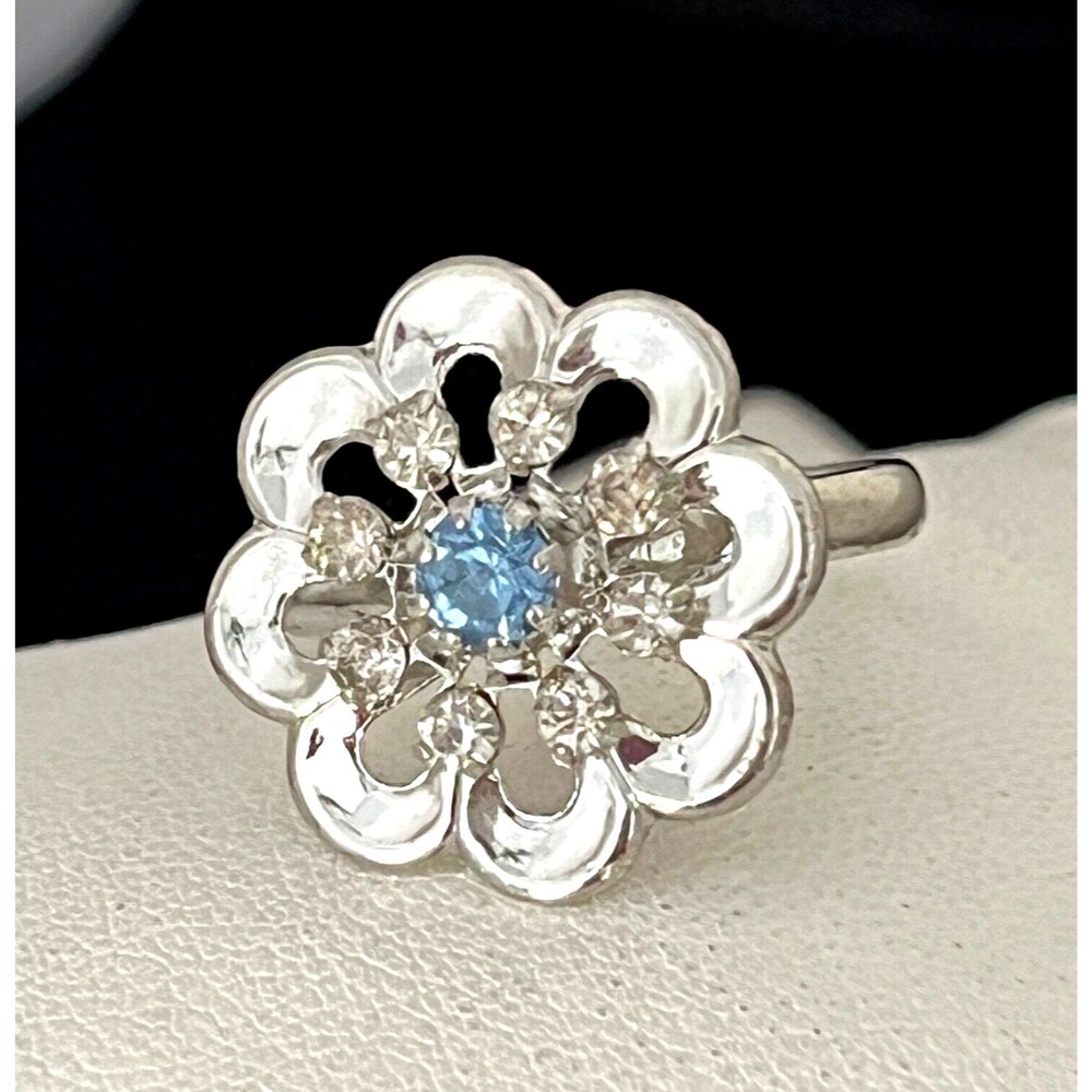 Vintage 1960s Floral Cocktail Ring Silver Tone Crystal Mid Century Modern - 4J